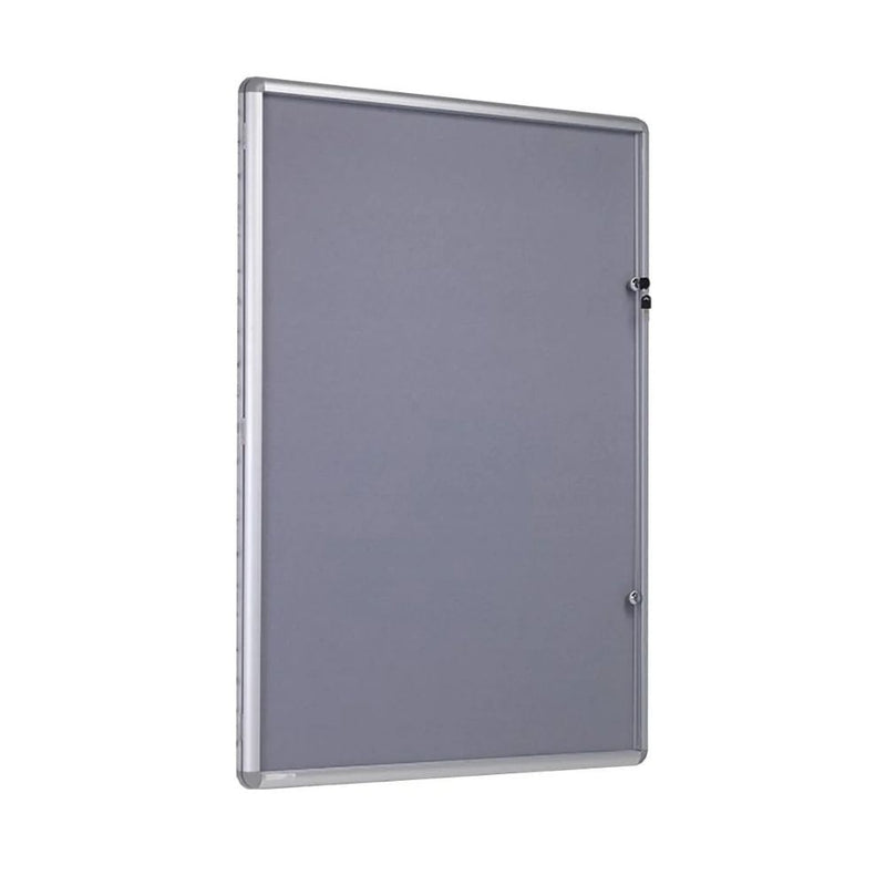 Wall-mounted noticeboard with lockable acrylic cover and metal frame, ideal for secure public displays.