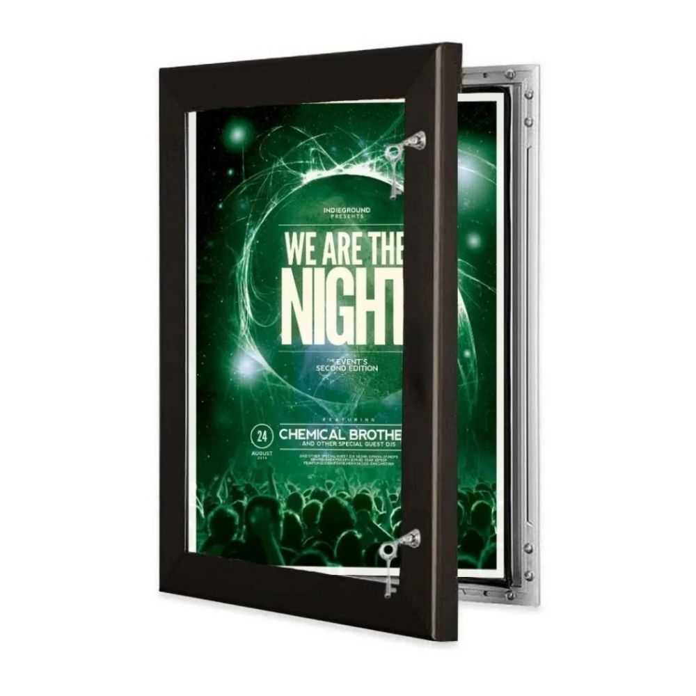 Wall-mounted case with concert poster and key lock, designed for secure event advertising in public venues.