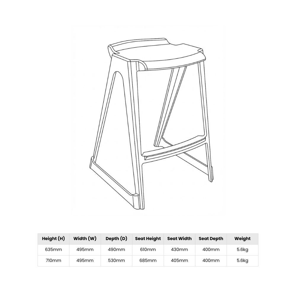 A technical engineering blueprint for the low back stool series detailing a 610mm seat height, 635mm total height, and a lightweight 5.6kg unit mass.