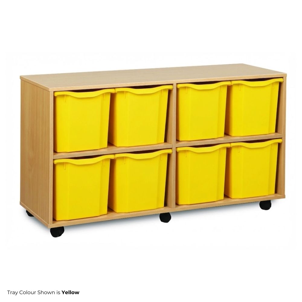 Compact wooden storage unit on wheels featuring eight large yellow quad trays arranged in two rows, suitable for classrooms, nurseries, or office environments.