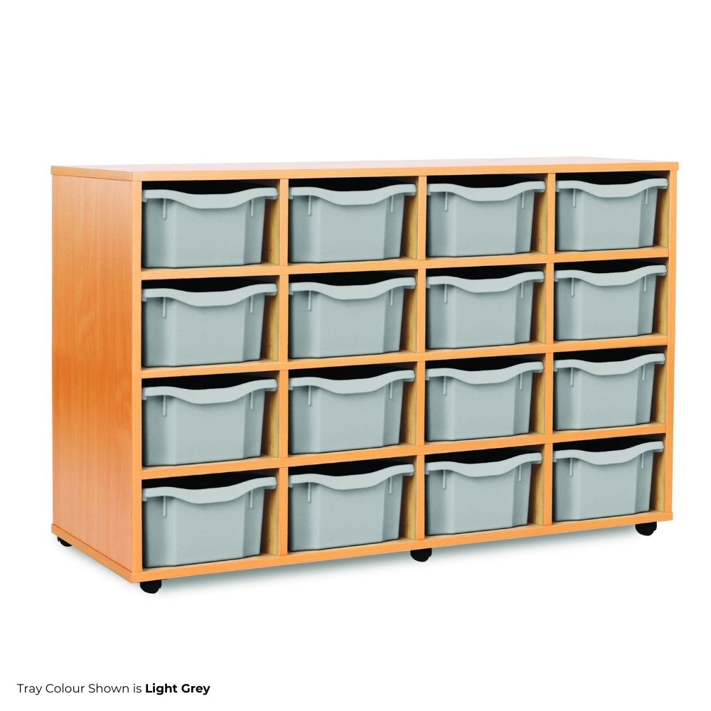 Wooden mobile storage unit featuring fifteen light grey double-depth trays arranged in three rows of five, ideal for classroom, office, or workshop organisation.