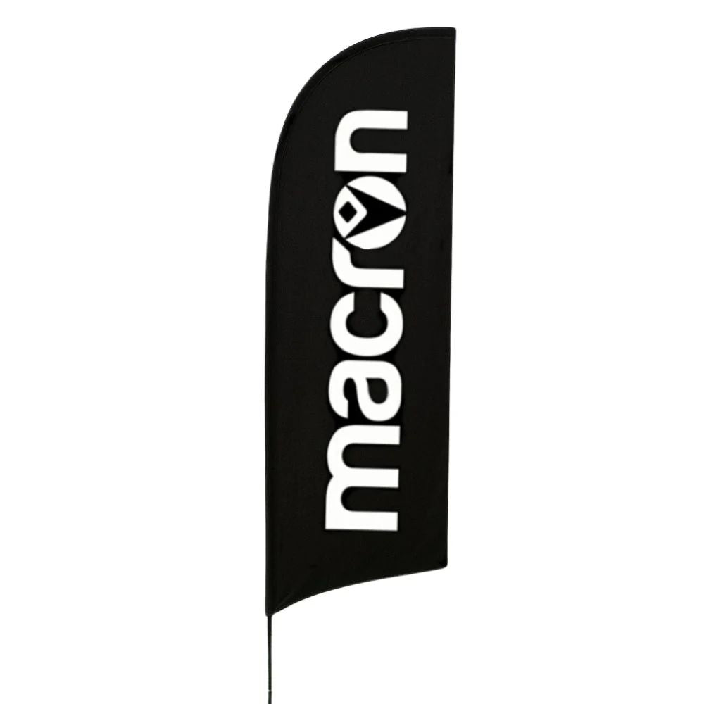 Vertical Macron flag with bold white lettering and stylised “o” logo, designed for high-contrast branding at sports or retail events.