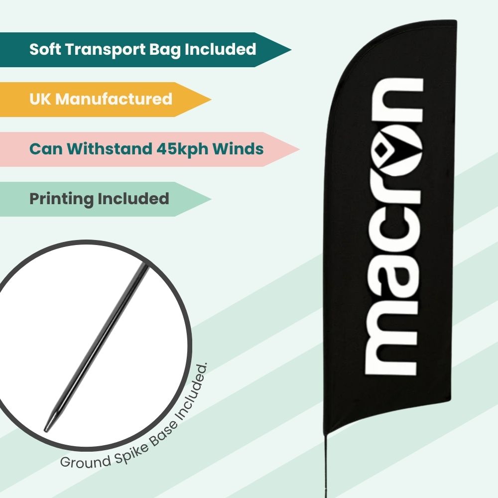 Macron feather flag in black with stylised white text and ground spike base, shown with feature highlights for outdoor promotional use.