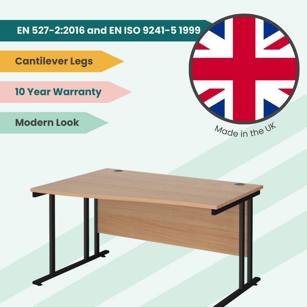 UK-manufactured rectangular office desk with a wood-finish top, black cantilever legs, modesty panel, and standard cable ports, highlighted with EN standards, 10-year warranty, and drawer flexibility.
