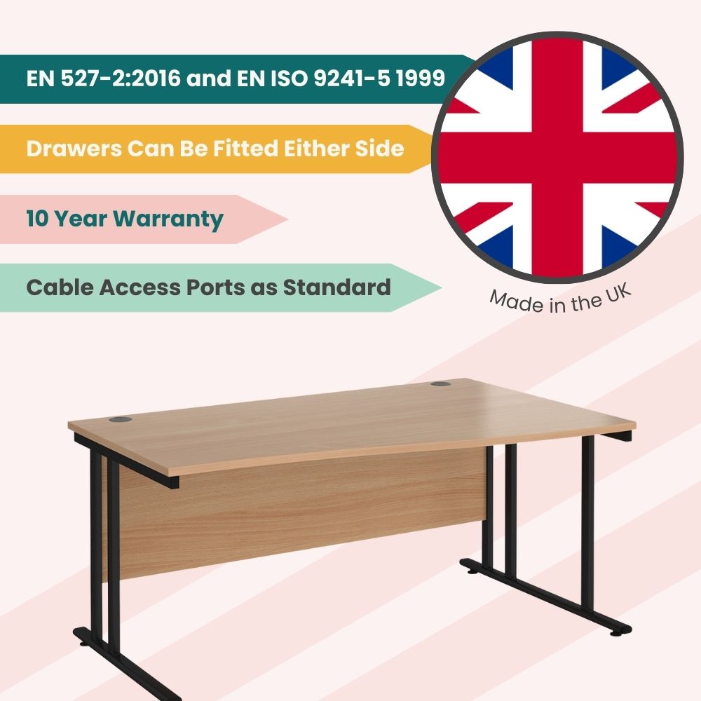 Stylish UK-manufactured office desk with a wooden top, black cantilever legs, modesty panel, and cable ports, offering a modern look with a 10-year warranty.
