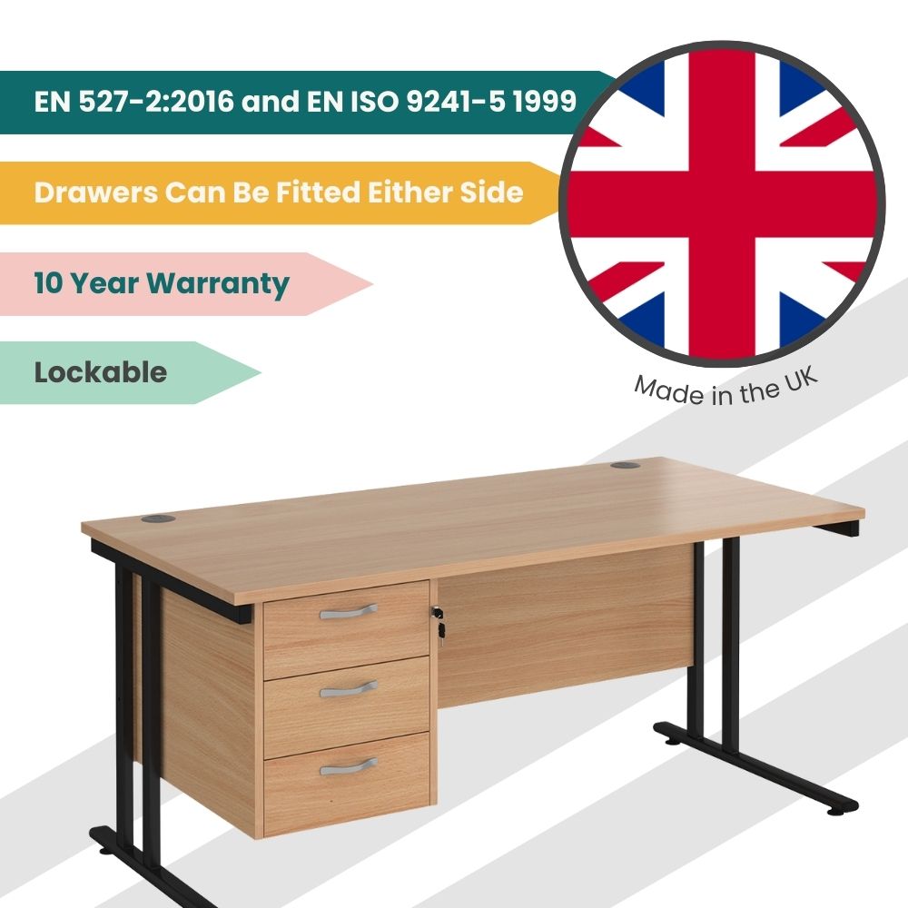 UK-made office desk with a three-drawer lockable pedestal, modesty panel, and cable access ports, compliant with EN standards and backed by a 10-year warranty.