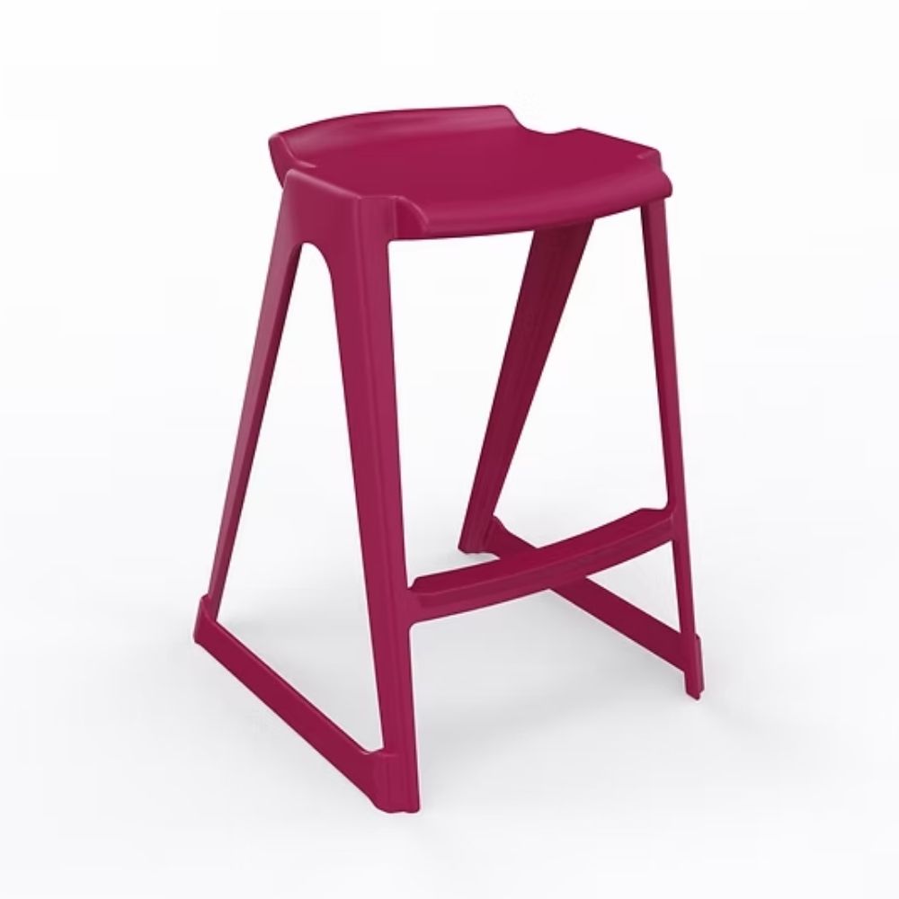 A vibrant magenta-hued polymer low back stool with a 610mm seat height, featuring an integrated anti-tip base and a contoured lumbar ridge for secure use at science lab benches.