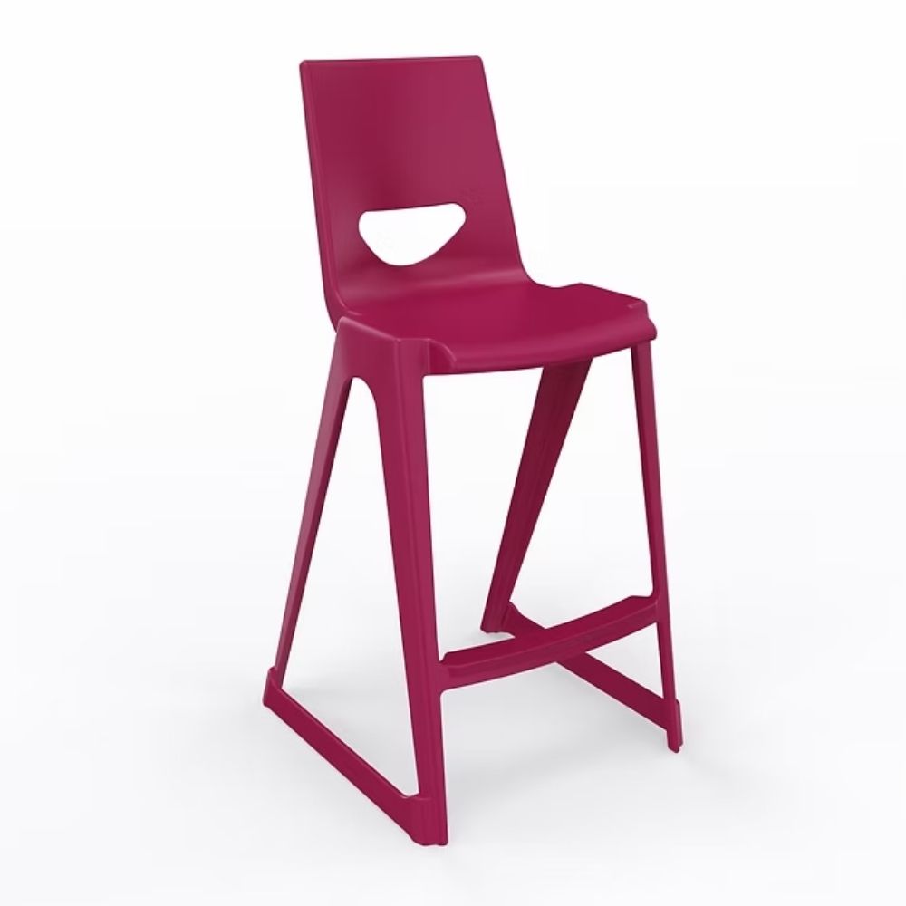 A vibrant magenta-hued polymer high stool featuring a 610mm seat height and a built-in anti-tilt structural frame for secure use at elevated science lab benches.