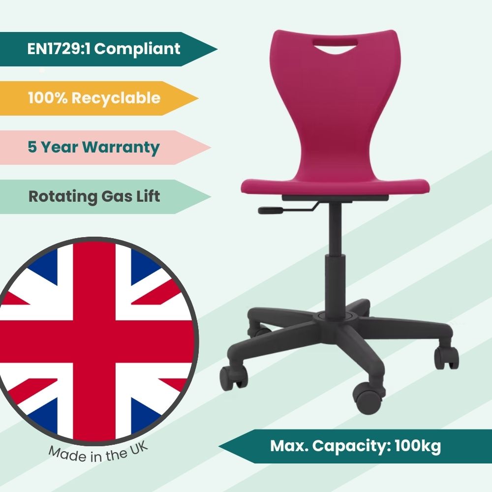 Infographic of a magenta-toned mobile task chair highlighting its 360-degree pivoting action, 100% recyclable shell, and 5-year structural warranty.