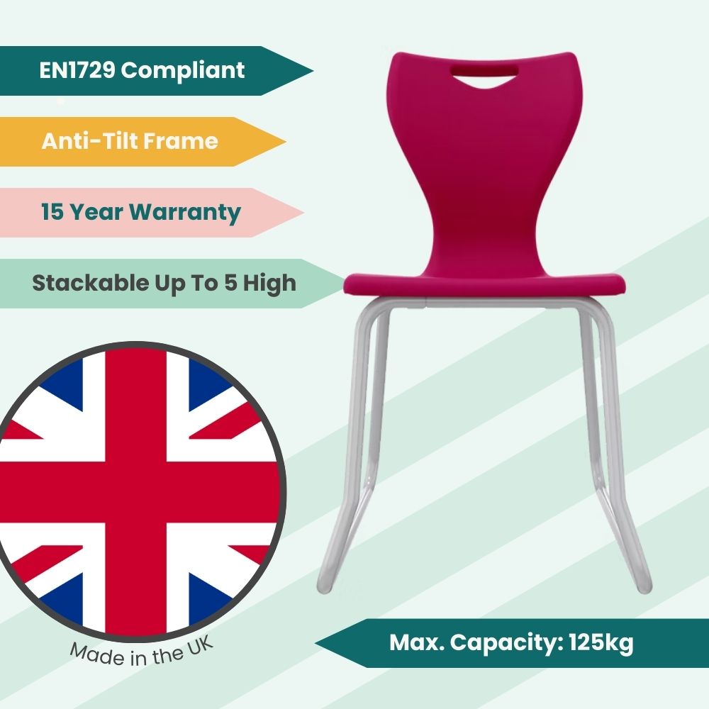 Magenta-toned Size 6 classroom seat featuring an anti-rocking sled frame and an ergonomic shell designed for postural relief during exam sessions.