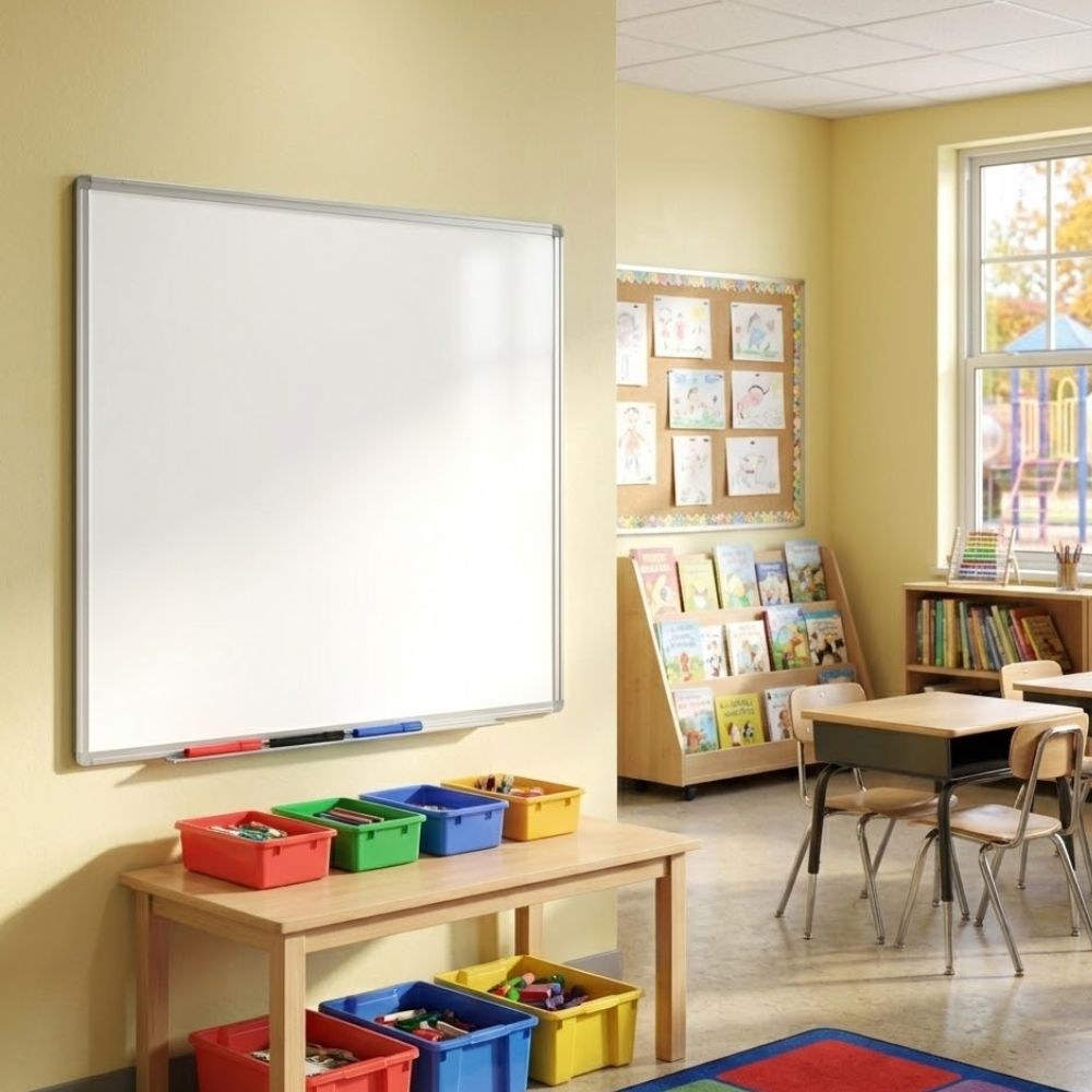 A 1200 x 900mm magnetic coated steel whiteboard with an aluminium frame mounted on a yellow classroom wall, above a wooden table with colourful storage trays in a bright infant learning space.