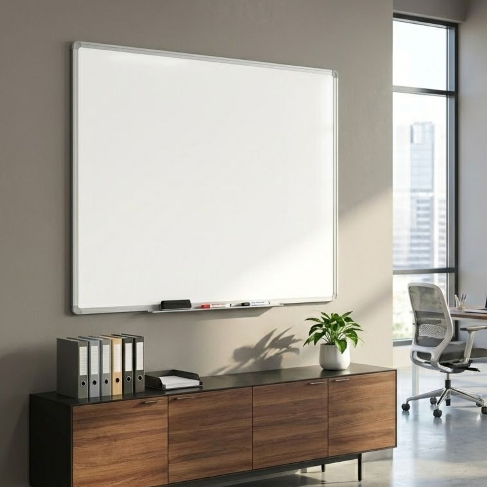 A 1500 x 1200mm magnetic coated steel whiteboard with an aluminium frame mounted on a grey wall in a modern executive office, positioned above a wooden cabinet with binders and a potted plant.