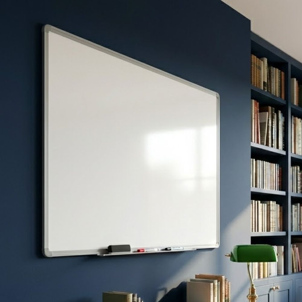 A large 1800 x 1200mm magnetic coated steel whiteboard with an aluminium frame mounted on a dark blue wall in a sophisticated home study, next to built-in bookshelves and a classic green desk lamp.