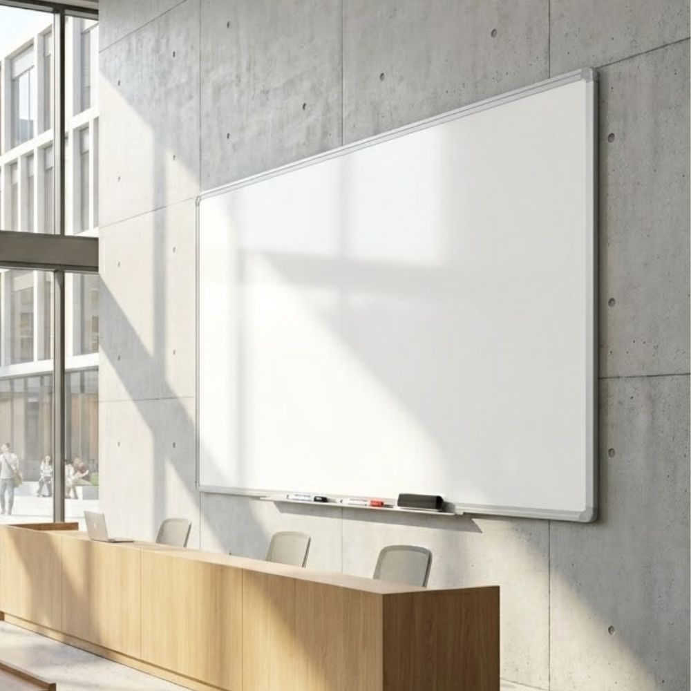 A large 2400 x 1200mm magnetic coated steel whiteboard with an aluminium frame mounted on a high concrete wall in a modern lecture hall, positioned above a wooden presentation desk with chairs and a laptop.