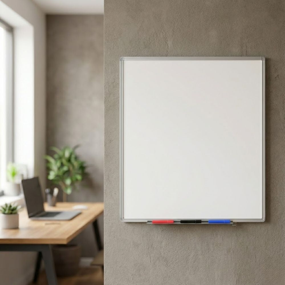 A 600mm x 900mm magnetic coated steel whiteboard with an aluminium frame mounted on a grey wall in a modern home office, with red, black, and blue markers placed in the tray below.
