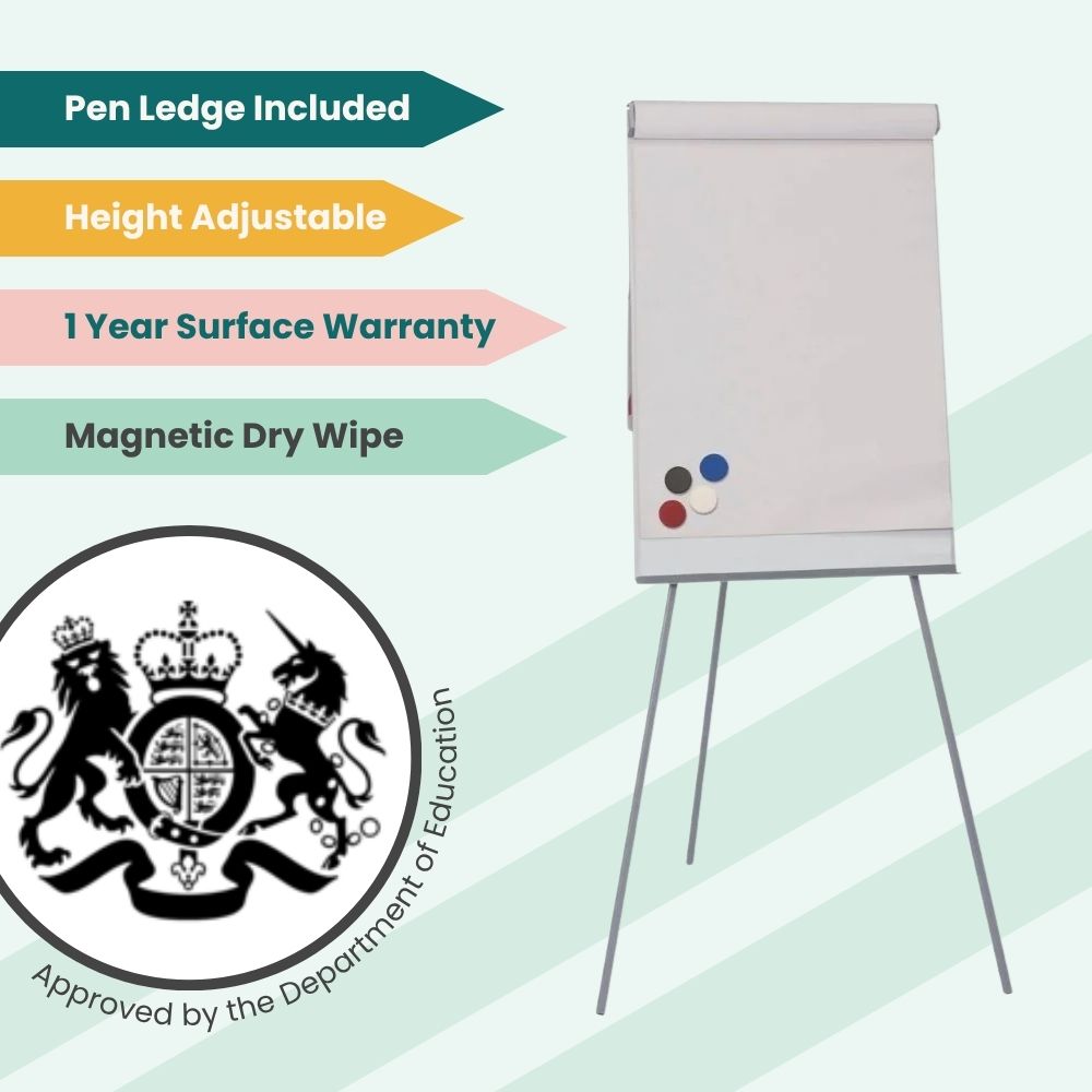 Magnetic flipchart easel with adjustable height, dry wipe surface, pen ledge, and Department of Education approval badge.