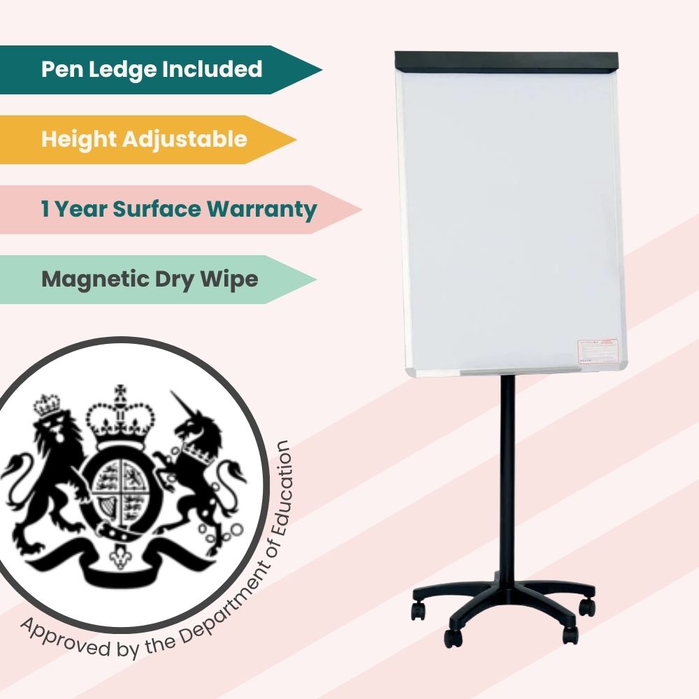 Mobile flipchart easel with magnetic dry wipe surface, adjustable height, integrated pen ledge, and five-wheel castor base for easy movement.