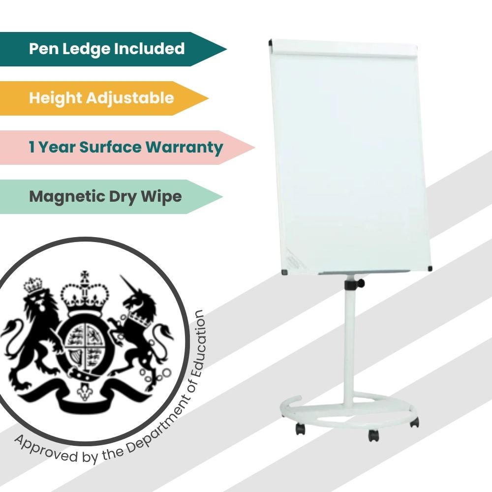 Flipchart easel with magnetic dry wipe board, circular base with wheels, adjustable height, and pen ledge for professional presentations.
