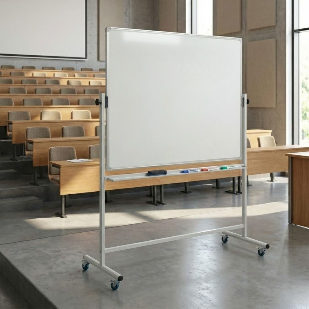 A 1500 x 1200mm landscape magnetic mobile whiteboard with a swivel and lock mechanism, positioned at the front of a university lecture theatre with tiered seating and modern wooden desks.