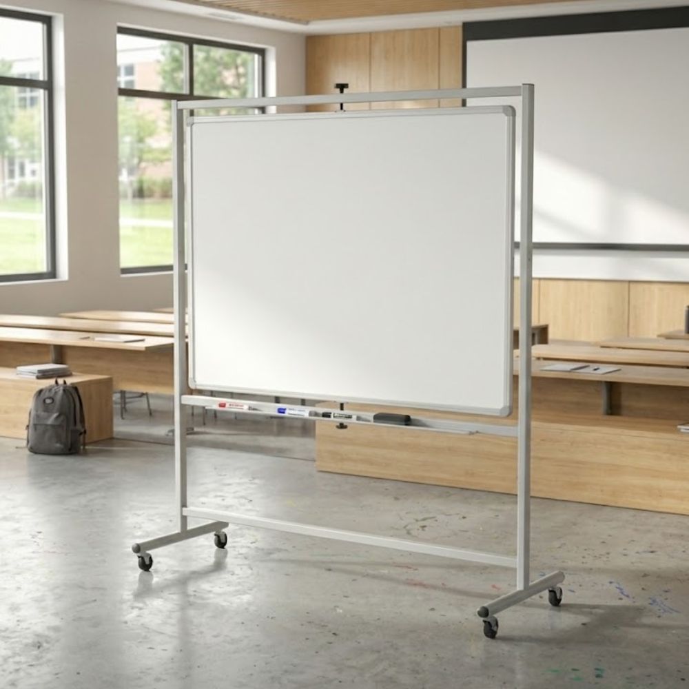 A large 1500 x 1200mm landscape magnetic mobile whiteboard on a silver steel stand with lockable castors, featuring a swivel writing surface and integrated pen tray for collaborative workshops.