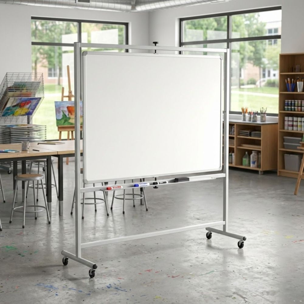 An expansive 1800 x 1200mm landscape magnetic mobile whiteboard on a professional silver steel stand with lockable castors, featuring a double-sided swivel writing surface and integrated full-width pen tray.