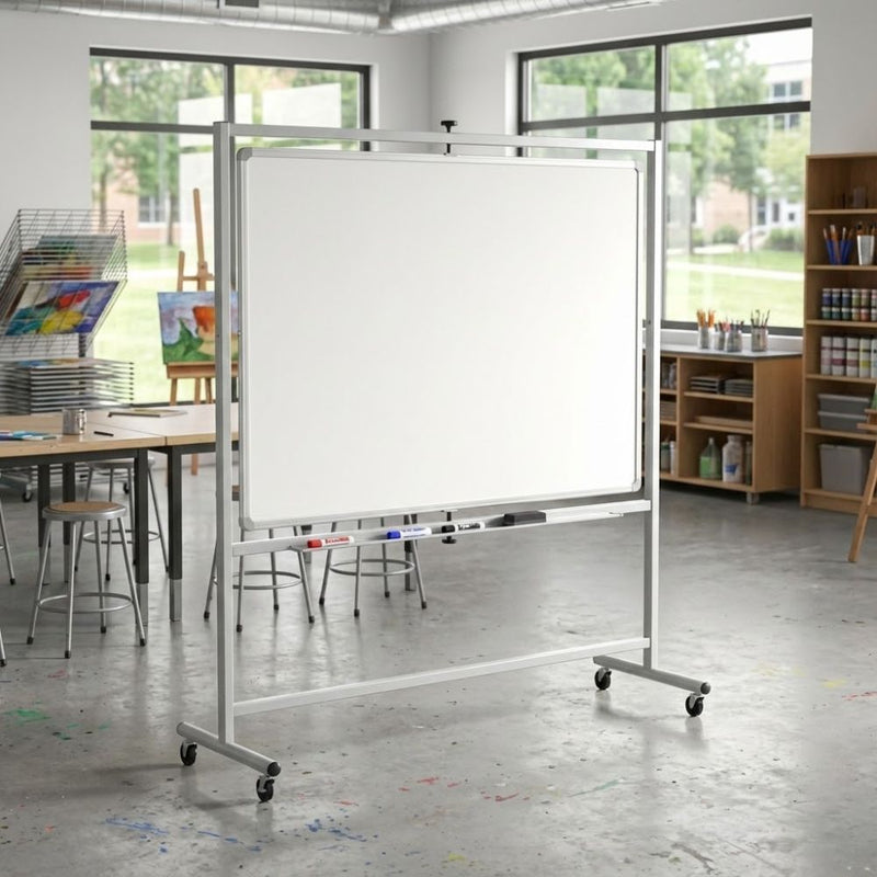 An expansive 1800 x 1200mm landscape magnetic mobile whiteboard on a professional silver steel stand with lockable castors, featuring a double-sided swivel writing surface and integrated full-width pen tray.