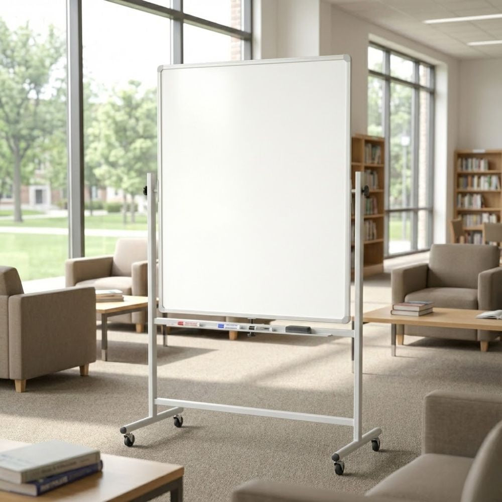 A 900 x 1200mm portrait magnetic mobile whiteboard with a swivel and lock mechanism, placed in a quiet library reading area with armchairs, bookshelves, and large windows overlooking greenery.