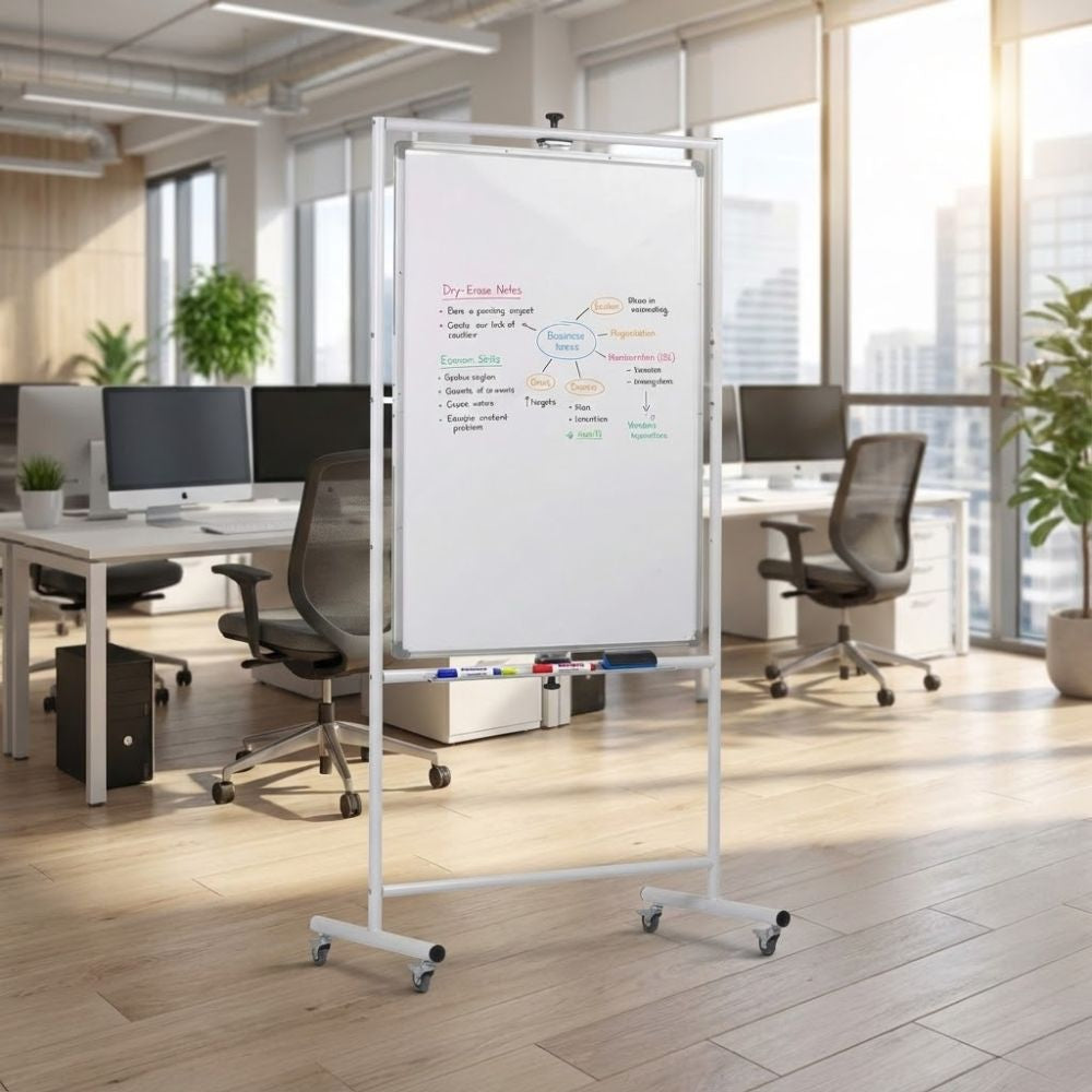 A 900 x 1200mm portrait-oriented magnetic mobile whiteboard with a swivel and lock mechanism, displayed in a bright contemporary office space with ergonomic chairs, workstations, and natural lighting.