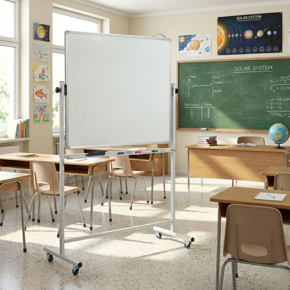 A 1200 x 1200mm square magnetic mobile whiteboard with a swivel and lock mechanism, placed in a well-lit primary school classroom decorated with educational posters, drawings, and a green chalkboard.