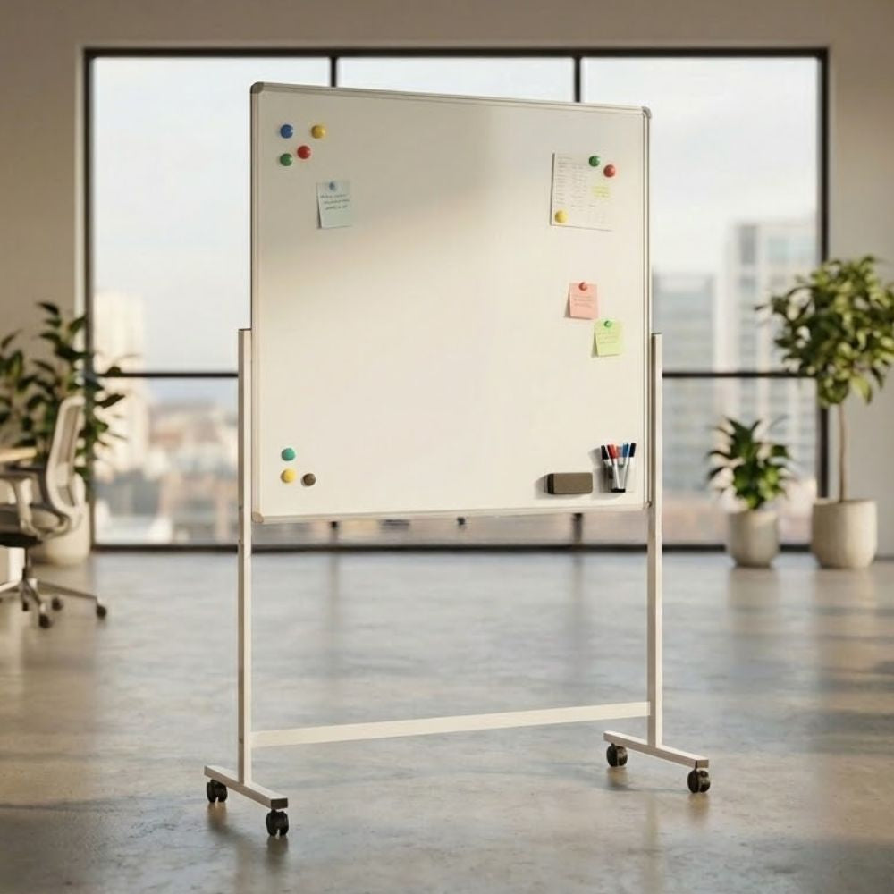 A magnetic floor-standing whiteboard on wheels in a modern office, featuring multicoloured magnets, notes, and pens against a backdrop of large windows and potted plants.