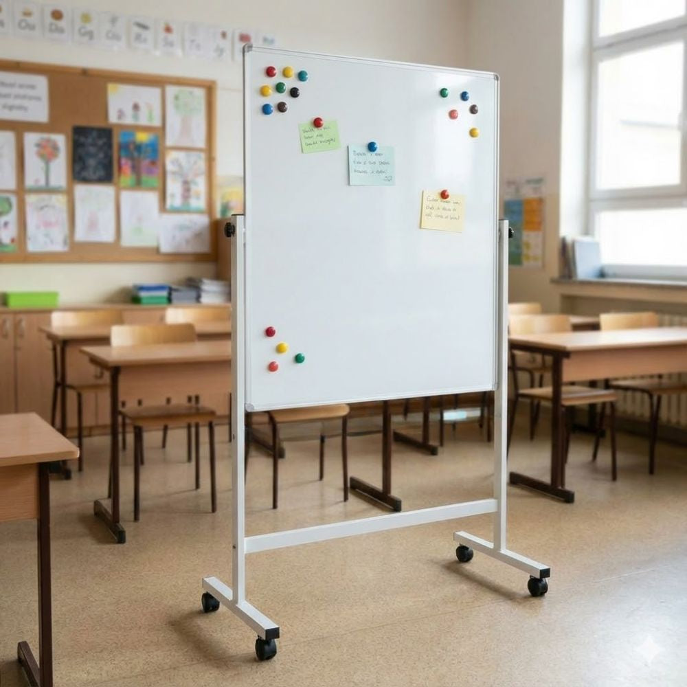 A magnetic whiteboard on wheels in a classroom, decorated with notes and magnets, surrounded by wooden desks and children’s artwork on the walls.