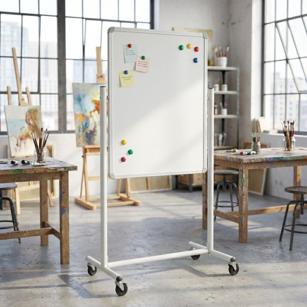 A magnetic whiteboard with colourful magnets and sticky notes, set in a bright art studio with wooden easels, paintings, and large industrial-style windows.