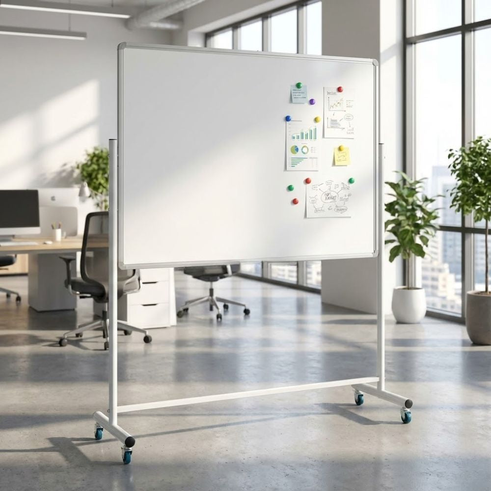 A mobile magnetic whiteboard displaying business charts and sticky notes held by colourful magnets, situated in a bright, glass-walled office space.