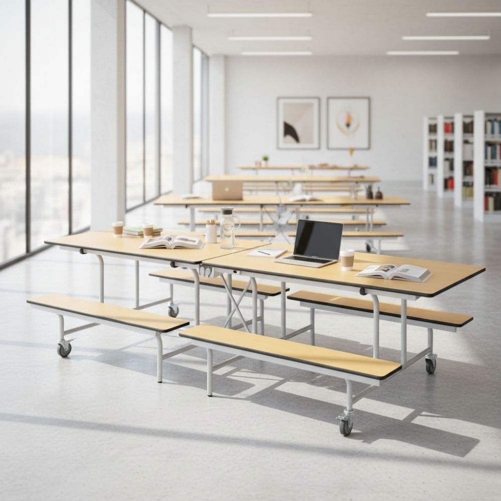 Maple-effect laminate folding bench table set up in a modern university or sixth-form study area with books and laptops in a bright, open-plan setting.
