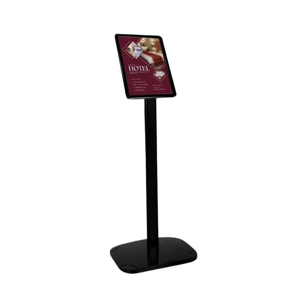Freestanding hotel sign holder with maroon background and gold-white graphics, designed for indoor use in hospitality environments.