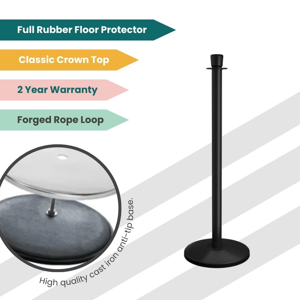 Matte black stanchion with crown cap and forged loop, featuring a rubber-lined anti-tip base for secure line guidance.