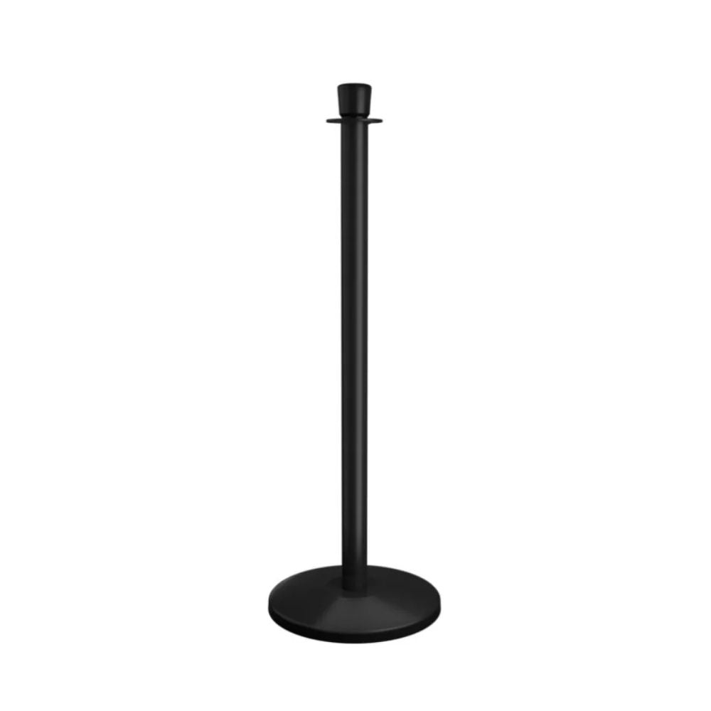 Matte black stanchion with crown top and rubber-protected base, designed for discreet crowd management.