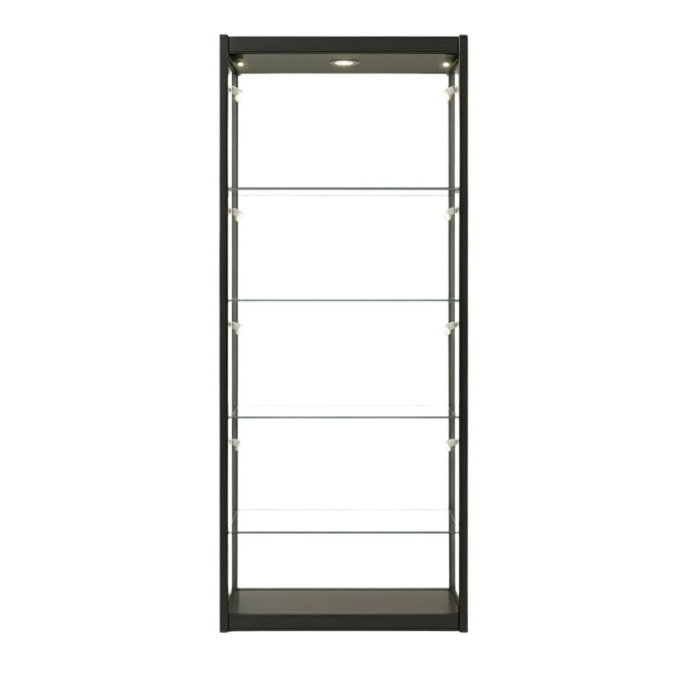 Mid-size black glass showcase with four glass tiers, LED lighting, and certified fire safety features.