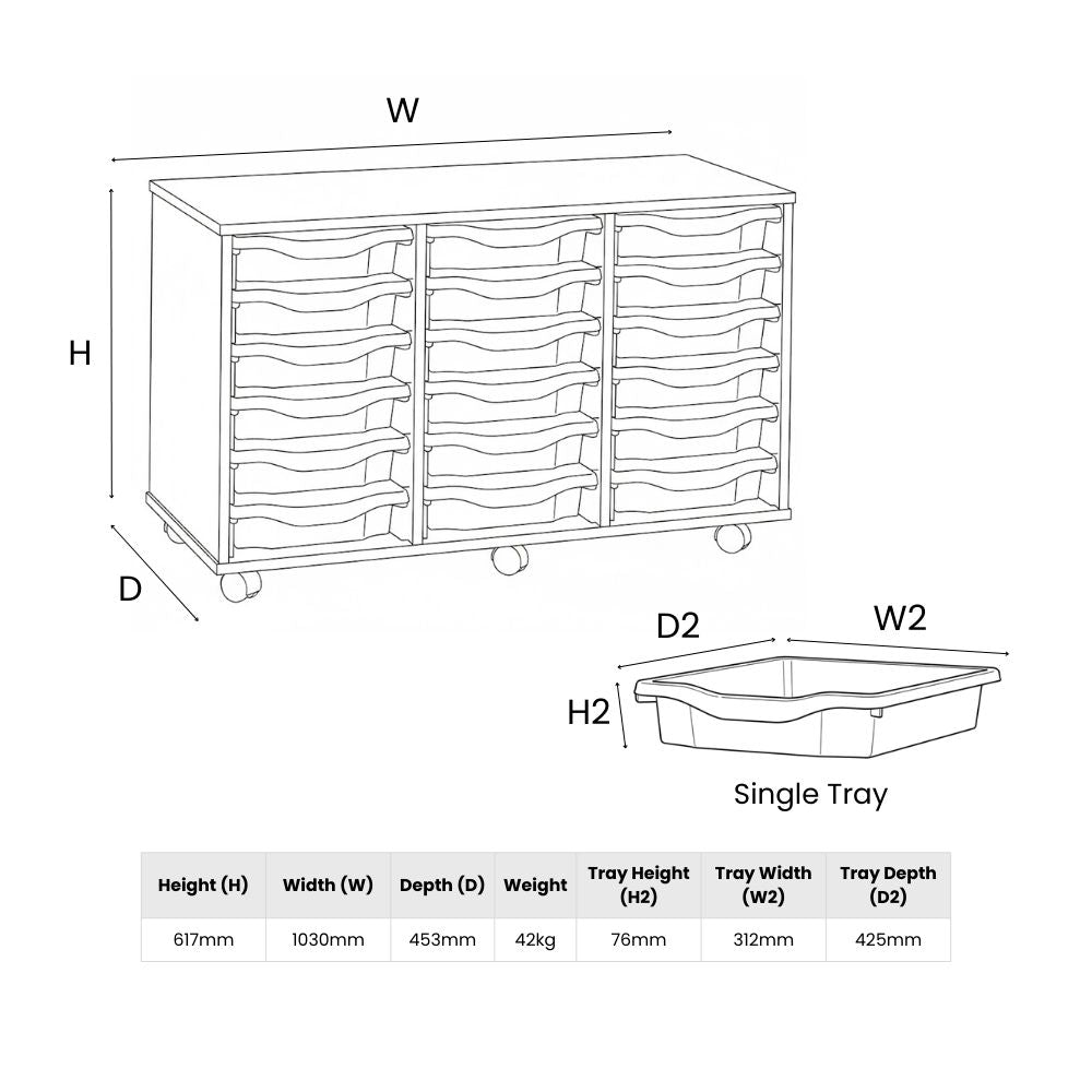 Line drawing of a medium-height school storage unit with three columns of trays, including labelled dimensions, weight, and full tray sizing details.