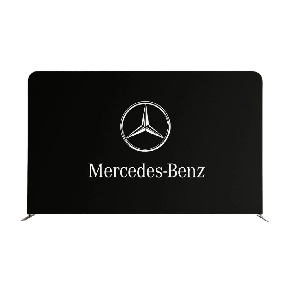 Mercedes-Benz banner with white logo on black, designed for high-end automotive branding at exhibitions.