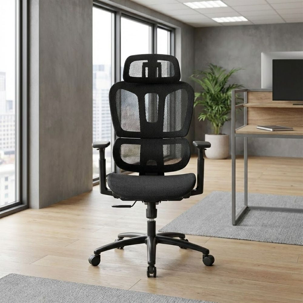 Modern mesh task chair featuring breathable ergonomic back support, 3D adjustable arms, and integrated headrest, set in a stylish office with wood flooring and large windows.