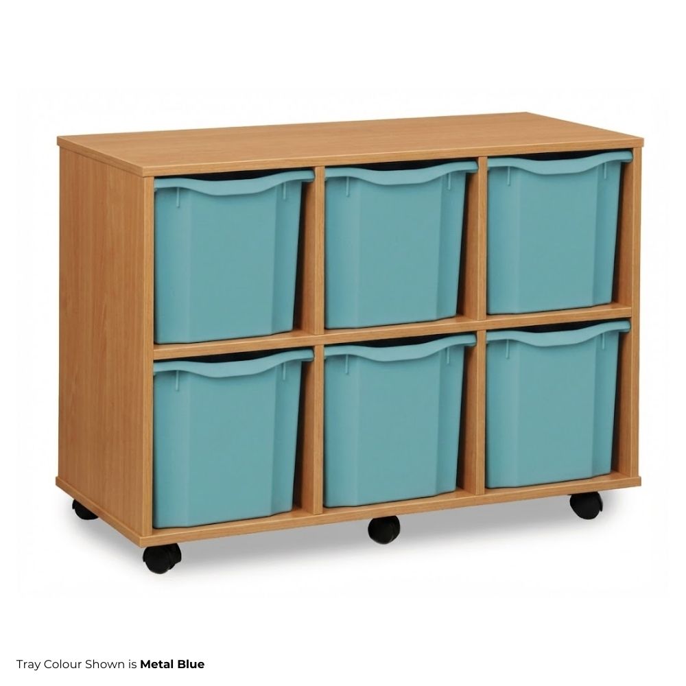Compact school storage unit with six metal blue quad trays in a warm wood frame, designed for classroom use and mounted on castor wheels for easy manoeuvrability.
