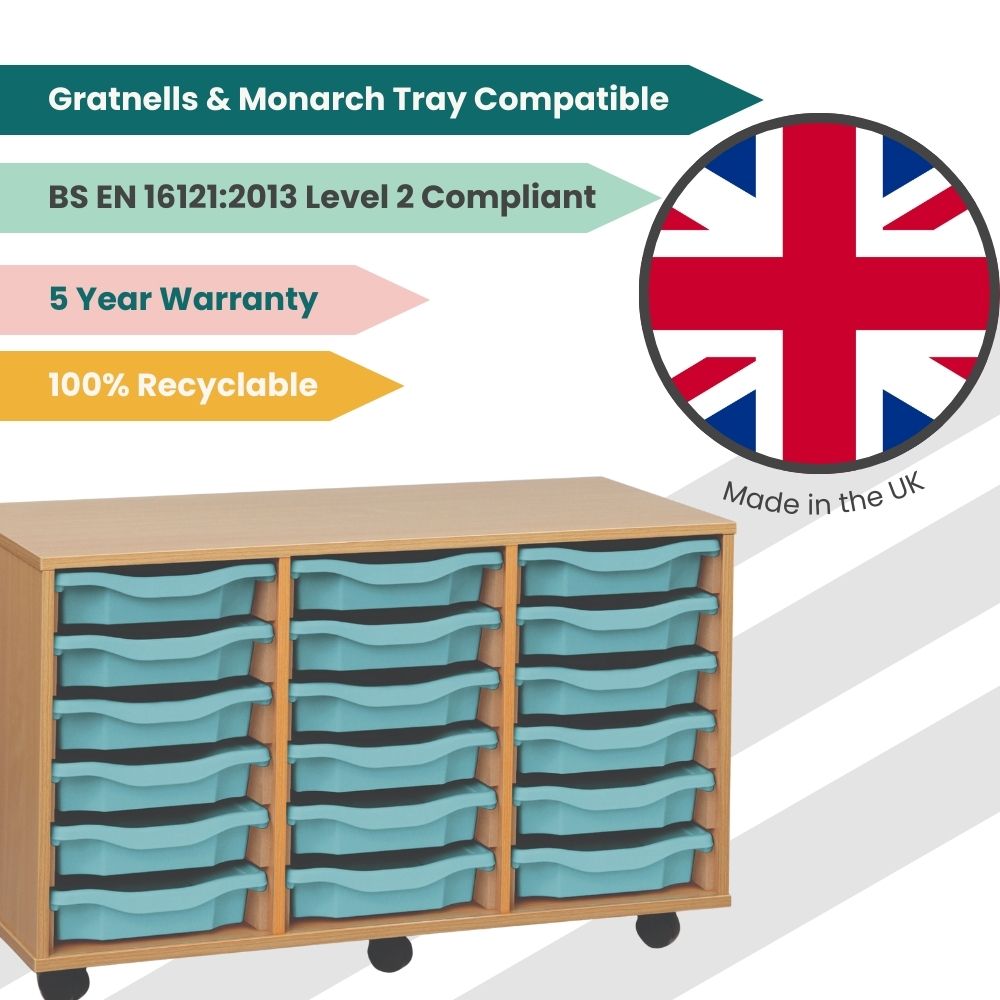 Metal blue tray school storage unit on wheels, displayed with UK-made badge and icons indicating Gratnells & Monarch tray compatibility, recyclability, BS EN compliance, and a five-year warranty.