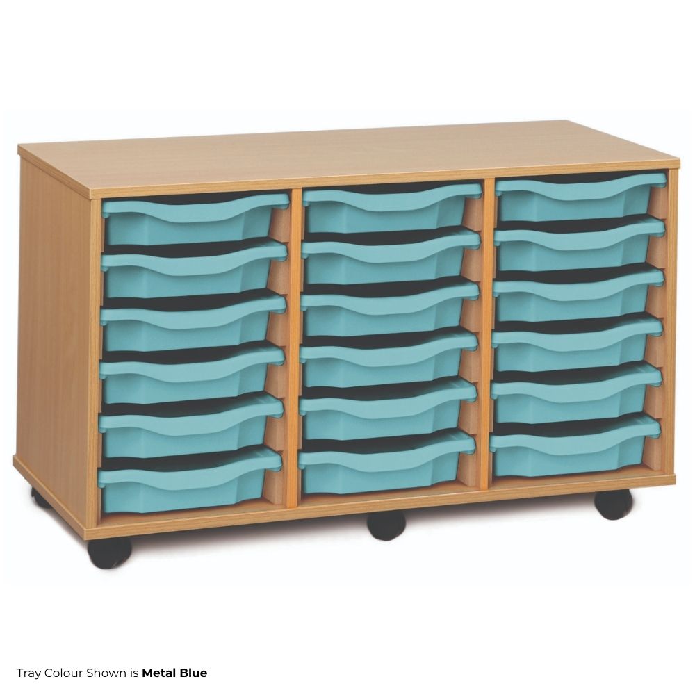 Wooden school storage unit featuring three vertical columns of metal blue trays with curved handles, mounted on black castor wheels for easy classroom mobility.