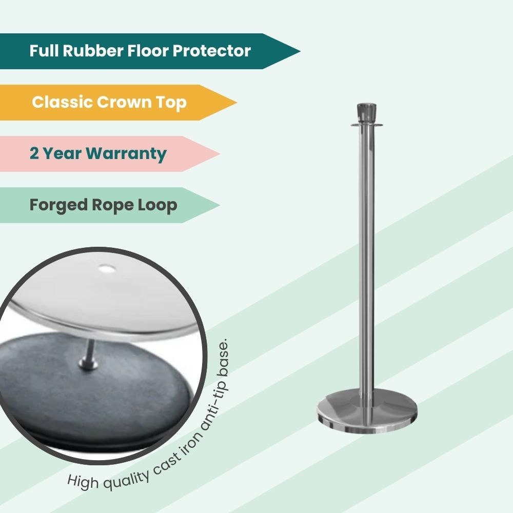 Polished steel stanchion with classic crown top and secure base, ideal for high-traffic public environments.