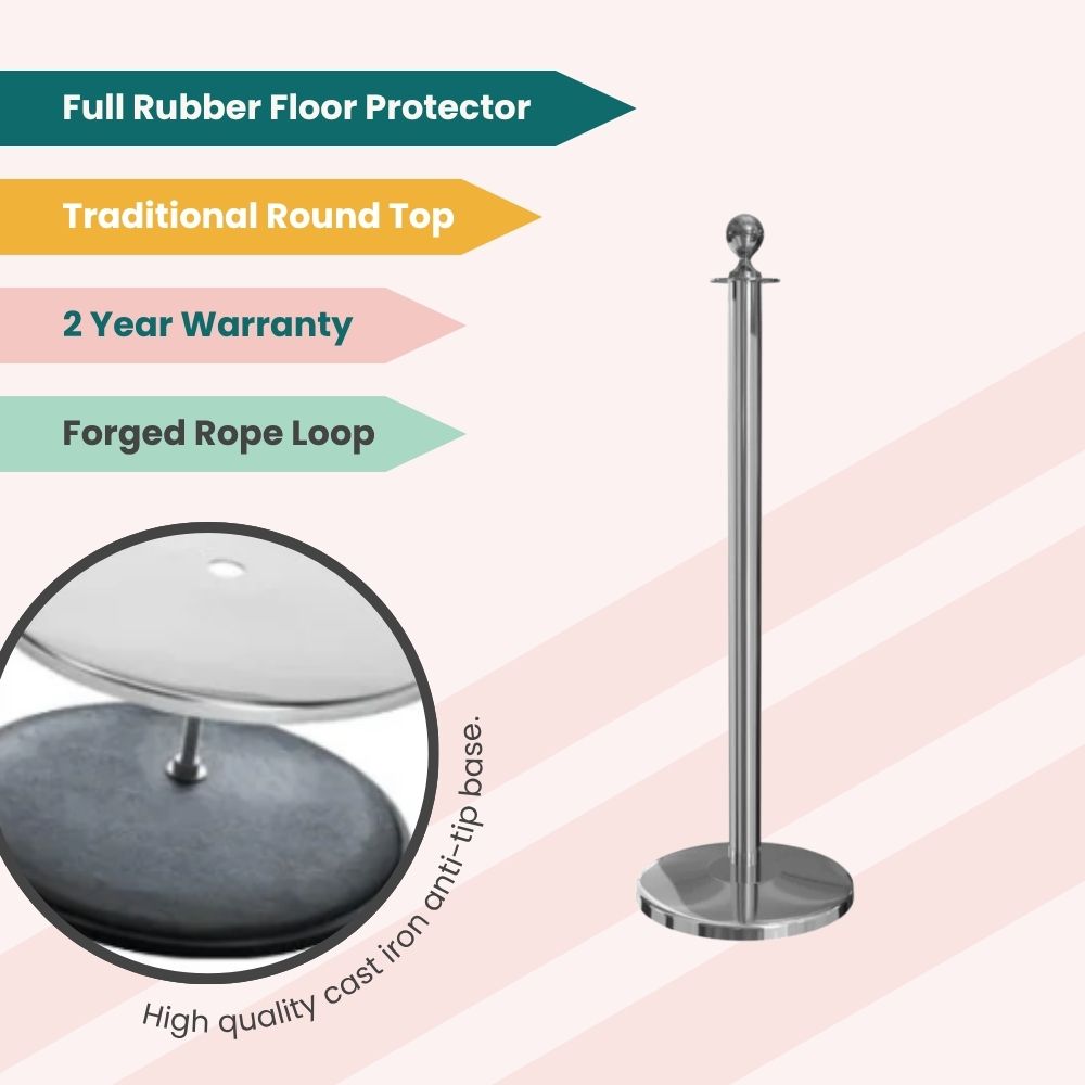 Metallic stanchion with forged loop and anti-tip base, designed for durable queue management.