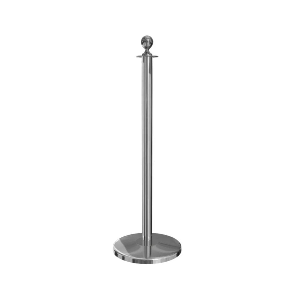Metallic stanchion post with polished surface and round base, ideal for public venue line control.