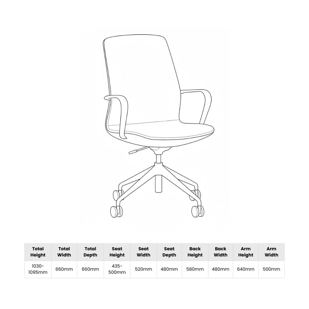 Line drawing of a mid-back task chair showing detailed measurements for height, width, depth, and arm dimensions, with labelled values in millimetres.