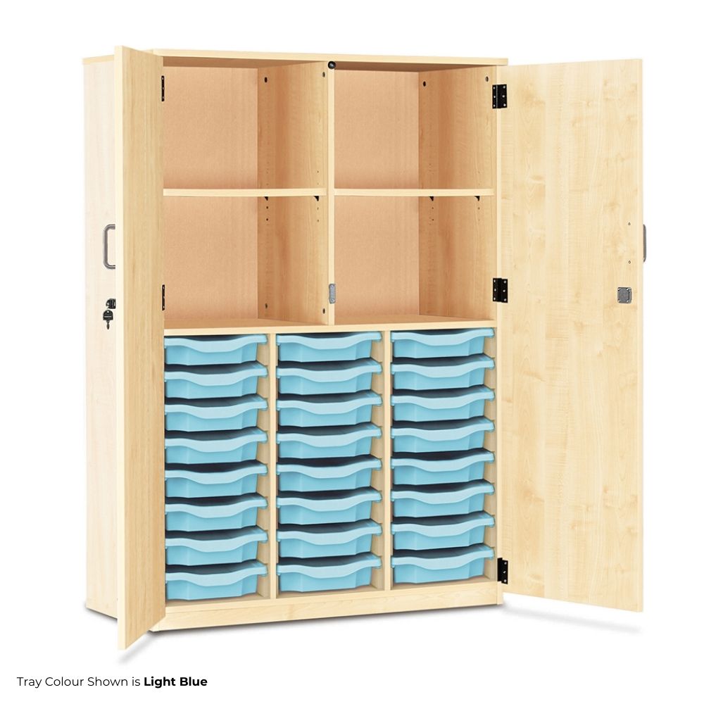 Light wood cupboard with open doors displaying twenty-four shallow light blue trays and four cubby compartments for versatile office or classroom storage.