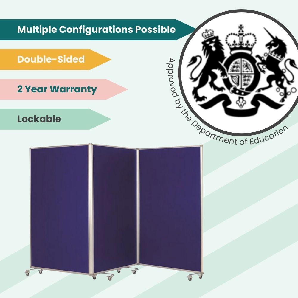 Blue mobile partition system with lockable double-sided panels, approved for flexible school use.